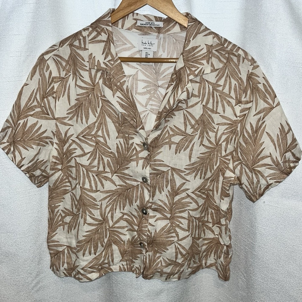 Nicole Miller Women's 100% Linen Hawaiian Button Down Shirt‎ Large Beach Boho